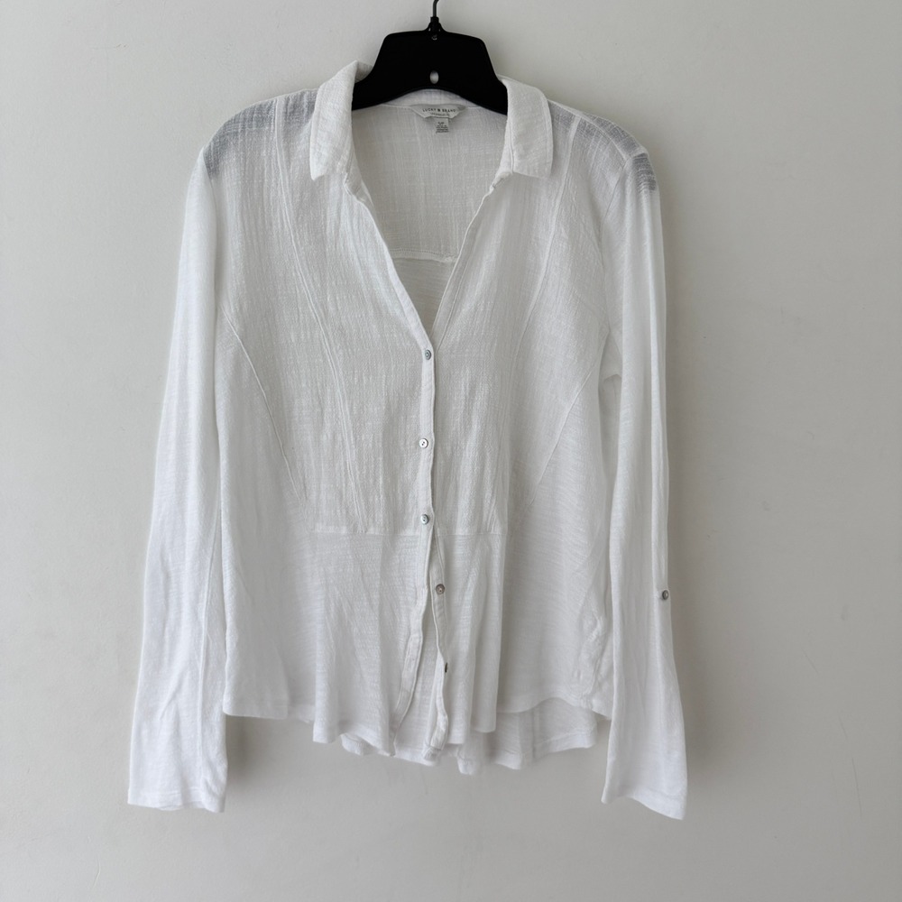 Lucky Brand White Button Down Shirt S Raw Weave Sheer Cotton Minimalist Coastal
